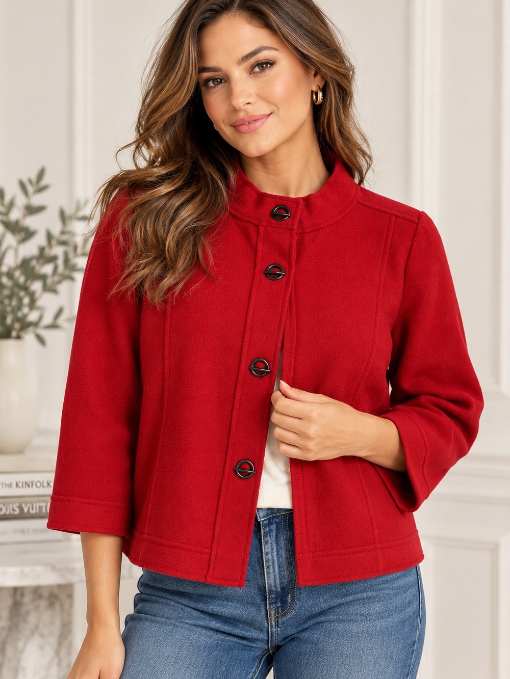 Chico’s Size 3 Red 100% Wool Jacket Toggle Button 3/4 Sleeve